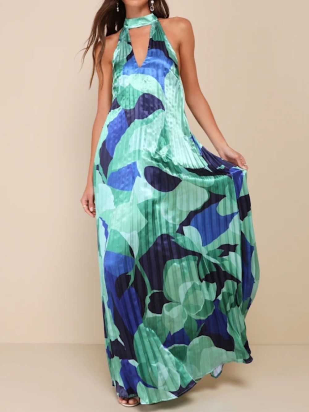 NWT Lulus Prime Poise Green and Blue Abstract Satin Halter Maxi Dress